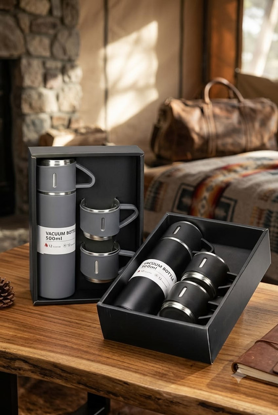 فلاسک ۳ کاپ مشکی استیل حجم ۵۰۰ میل